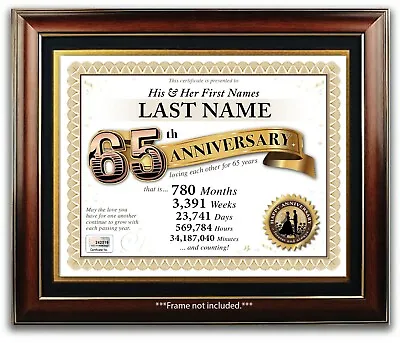£14.75 • Buy PERSONALIZED HAPPY 65th WEDDING ANNIVERSARY CERTIFICATE - 65 Years PRESENT GIFT