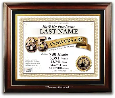 PERSONALIZED HAPPY 65th WEDDING ANNIVERSARY CERTIFICATE - 65 Years PRESENT GIFT • £14.24