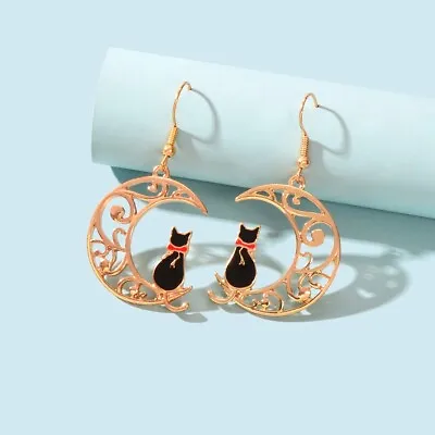 Cartoon Design Gold Hollow Out Moon Black Cat Dangling Earrings Gift For Women • $1.99