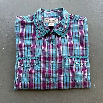 Wrangler Vintage Western Pearl Snap Trim Detail Plaid SS Shirt - Purple Wms XL • $22