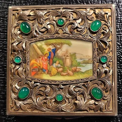 Italian 800 Sterling Silver Powder Compact Beveled Mirror Jewels & Hand Painted • $250