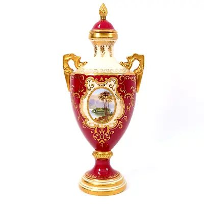 Coalport Red Vase Cover Lake View Hand Painted Maroon Red Yellow V5327 1900s • £220