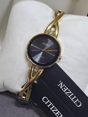 Citizen Eco-Drive 23mm Black Dial Gold Plated Women Wristwatch (EX1422-54E) • $60
