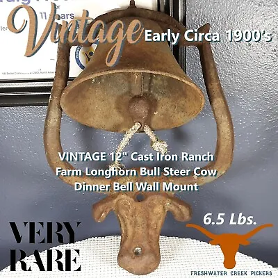 VINTAGE 12  Cast Iron Ranch Farm Longhorn Bull Steer Cow Dinner Bell Wall Mount • $29.99