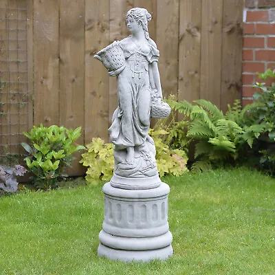 Large Basket Lady On Column Hand Cast Stone Garden Statue Outdoor Ornament Gift • £159.90