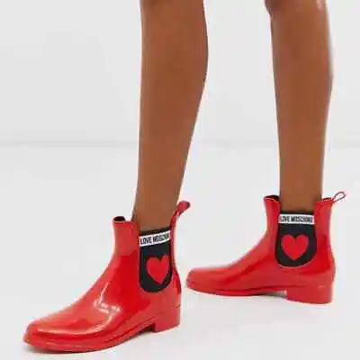 Love Moschino Chelsea Wellington Rain Boots Red Heart Glossy PVC Ankle 37 7US • $140