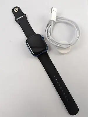 Apple Watch Series 7 A2478 45MM Smartwatch Wi-Fi/4G Blue Aluminium Black Band • £184.98