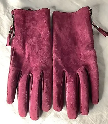 Laura Ashley Deep Cerise Pink Leather And Suede Gloves Sz M/L 💥SALE💥 • £10