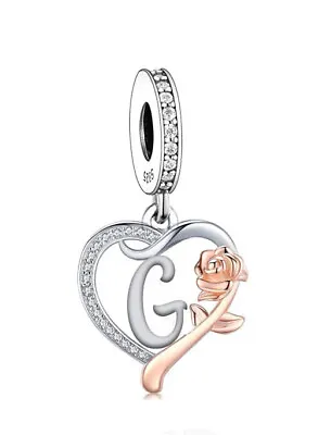 Letter G Name Initial Heart & Rose Dangle Charm 💜 Genuine 925 Sterling Silver • £17