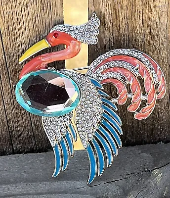 Vintage Parrot Peacock Bird Blue Crystal Rhinestone Brooch Pin Pink Enamel Swan • $17.54