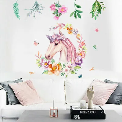 Removable Wall Sticker Decals Girls Watercolour Fairy Unicorn Flowers Wreath  • $17.99