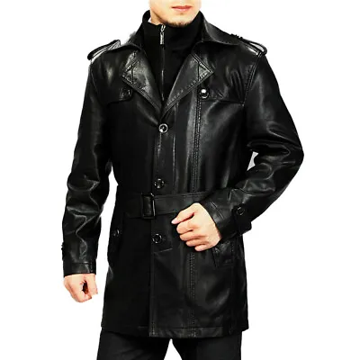 Men Genuine Lambskin Real Leather Long Trench Coat Button Black Classic Jacket • $189.99