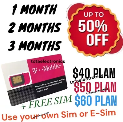 T-Mobile SIM Card Prepaid $40 $50 $60 Unlimited Plan 4G 5G (1 2  3 Month) PLAN • $28.75