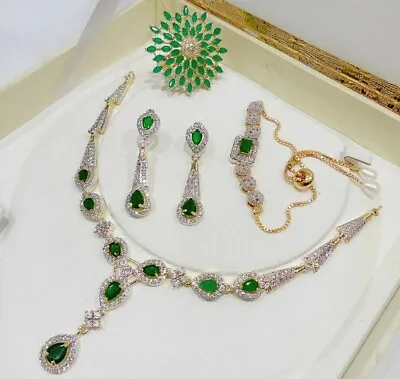 £28.90 • Buy India Ethnic AD Combo Bangle Ring Bracelet Necklace Green Stone Gold Tone Choker