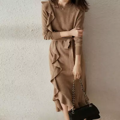Vintage O-neck Ladies Knitted Dresses Long Sleeve Ruffles Lace-up Sweater Dress • $47.67