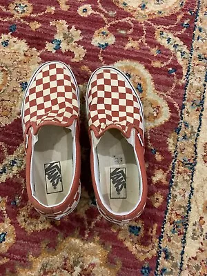 Women’s Red And Cream Checkerboard Vans Slip-on • $55