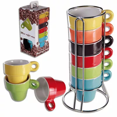 Set Of 6 Coloured Ceramic Mini Espresso Coffee Mug Cup With Chrome Stand  • £14.99