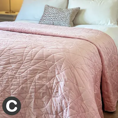 Luxury Velvet Double / King Size Bedspread Soft Dusky Blush Pink Green Geometric • £44.95