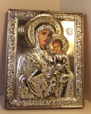 Vintage RELIGIOUS ICON Picture Mary & Infant Silver Foiled Diorama 6 X 7.5 Inch • $35