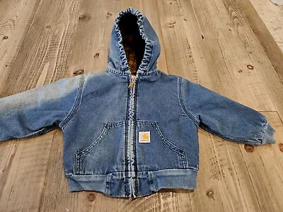 $45.99 • Buy Vintage CARHARTT Blanket Lined Hooded Denim Jean Jacket 90s Blue Toddler 4T