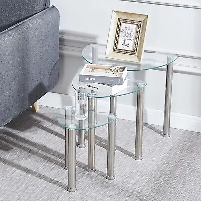 £39.99 • Buy Nest Of 3 Clear Tempered Glass Tables Side End Sofa Lamp Corner Table Metal Legs