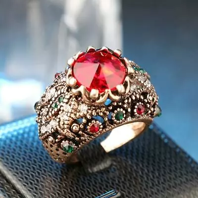 Turkish Vintage Style Jewelry Turkish Big Size Red Stone Ring Antique Gold Color • $21.42