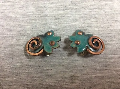 Vintage Matisse Modernist Copper & Enamel Maple Leaf Clip On Earrings • $19.99