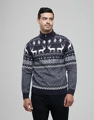 Mens Christmas Novelty FairIsle Jumper 1/4 Zip Crew Neck  Xmas Sweater • £15.99