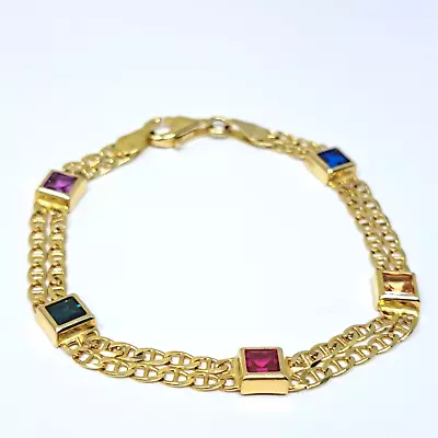 Fine Italian 14k Solid Yellow Gold & Multi Gemstone Bracelet 7 3/8  Long 8.3gr. • $650