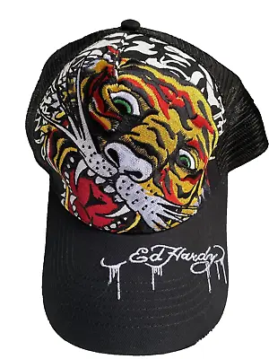Ed Hardy Mens Throwback Embroidered Tiger Head Trucker Hat Cap - Black -one Size • $37