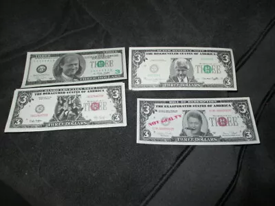 4 Novelty Dollar Bills Bill Clinton $3 Not Guilty Franklin Babylon LOT MINT  • $12