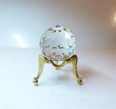 Vintage Large Round Faceted Crystal Ball Paperweight 2  W/Gold Stand • $21.99