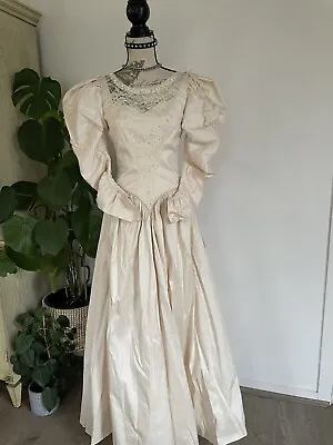 Vintage 80s Beaded Lace Mutton Marina Hardwick Designer Wedding Dress Gown Sz 12 • $140