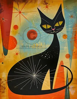 Black Cat Mysterious Abstract Atomic Mid Century Modern Giclée Art Print 8.5X11 • $9.35