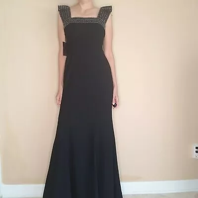 Aidan Mattox Black Gown Coctail Maxi Formal Dress Ruffled Beaded Shoulders 2  • $39.99