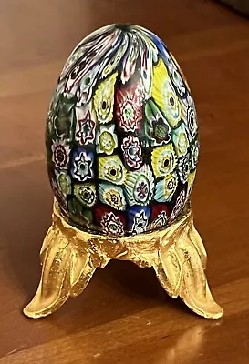 Murano Glass Millefiori Egg ITALY Hand Blown Multi-Color Paperweight W/ Stand • $21