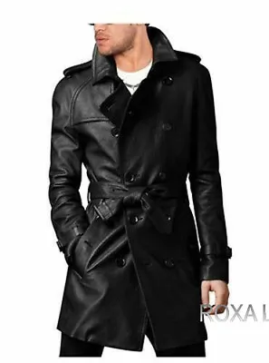 Men Western Authentic Lambskin Pure Leather Long Trench Coat Belted Strap Jacket • $197.11