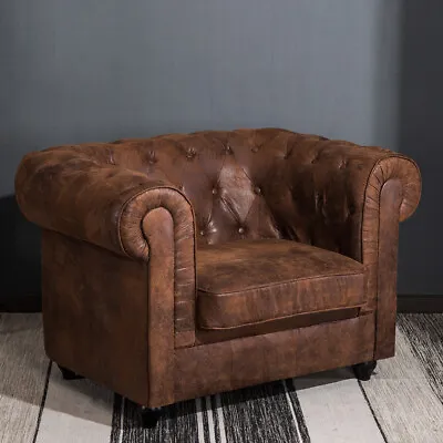 Distressed Leather Chesterfield Tub Armchair Deep Buttons Sofa Padded Club Chair • £369.95