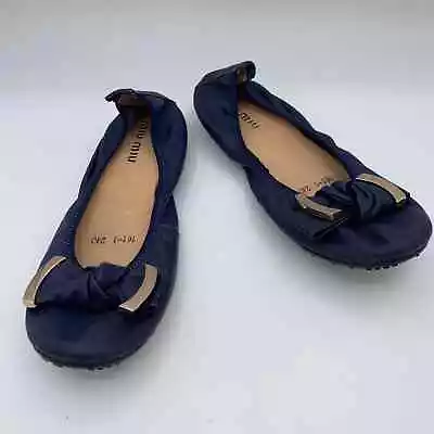 Miu Miu Navy Blue Leather Bow Knot Gold Hardware Ballet Flats Women's 38 US 8 • $90