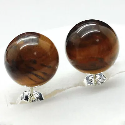 Natural 10mm African Tiger's Eye Gems Beads 925 Sterling Silver Stud Earrings • $2.88