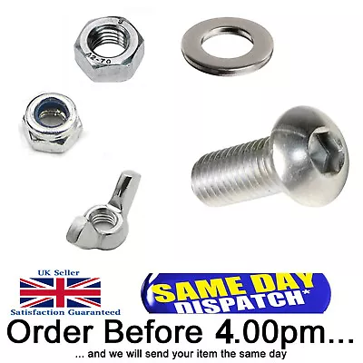 BUTTON Bolts Screw Set With Nut & Washers Size M3 To M8 A2 Stainless Steel • £3.95