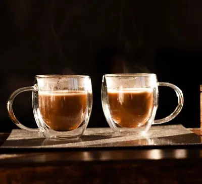 2pc Glass Mug Set Double Wall Cups Tea Latte Coffee Kitchen Glasses 250ml Gift • £9.99
