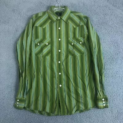 Lucky Brand Shirt Mens Small Green Striped Pearl Snap Western Dungaree Sawtooth • $15.99