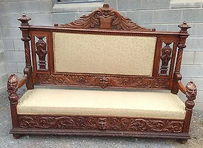 Carved Victorian Oak Northwind Face Large Bench Attr. R.j. Horner • $3850