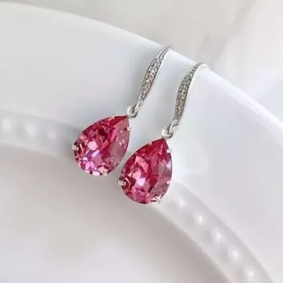 Women's Gift Lab-Created Pink Sapphire Diamond Earrings 14K Gold Plated Silver • $116