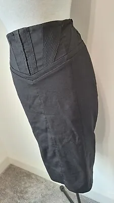 KAREN MILLEN - Black Wool Blend Knee Length Pencil Skirt W/Corset Detail Size 10 • £19.99