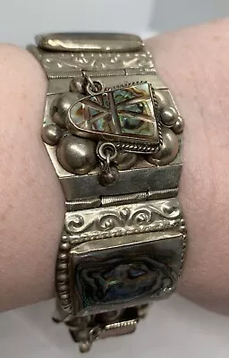 VTG DF Mexico Sterling Silver Abalone Carved Face Panel Bracelet 7  - Flawed • $63.99