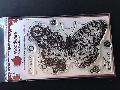 £3.99 • Buy Woodware Clear Stamp Set - Cog Butterfly Steampunk Fly Away Birthday Phrases