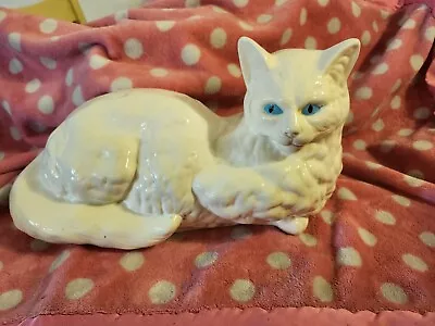 Vintage 12  Mold Ceramic Cat Statue Figurine Persian Laying Down Blue Eyes 1973 • $49
