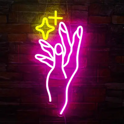 Hand Neon Sign Pink Nail Led Signs For Wall Decor Yellow Star Hand Neon Lights S • $52.99